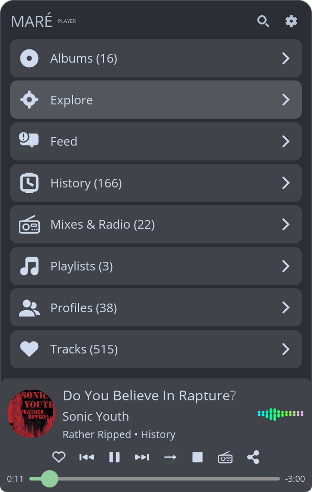 The Maré Player panel applet: library menu above a now-playing bar with album art, transport controls and a spectrum visualizer.