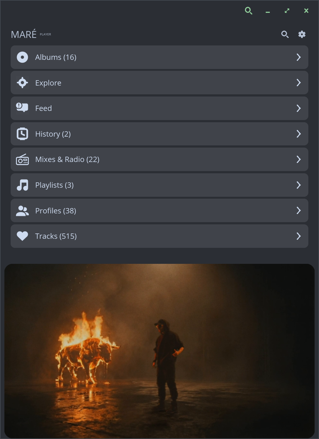 The standalone Maré Player window: library menu above a playing music video.